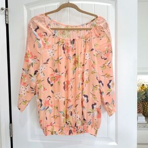 Hope and Harlow Womans Lace Trim Floral Blouse, Size Large